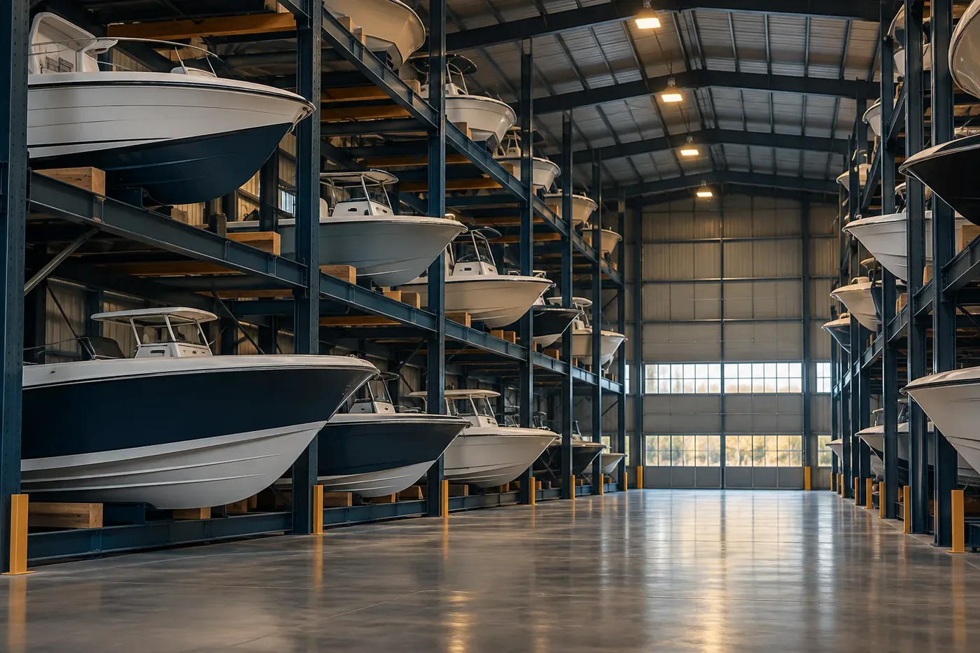 Illustration of a boat resting in dry-stack marine storage