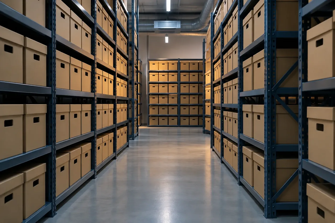 Illustration of archival document boxes on storage shelving