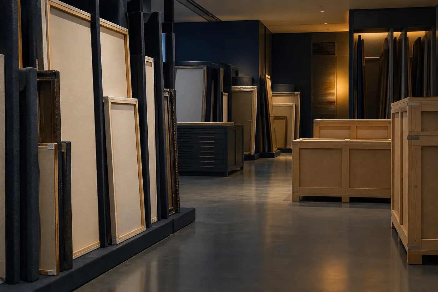 Illustration of a crated painting and pedestal in a gallery-style storage room