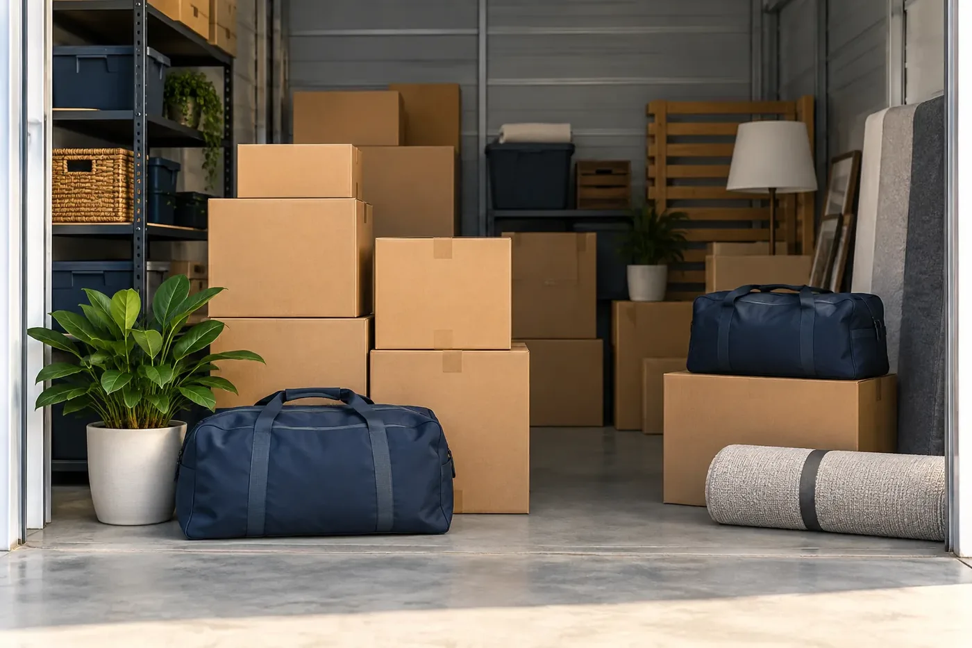 Illustration of duffel bags and footlockers staged for long-term storage