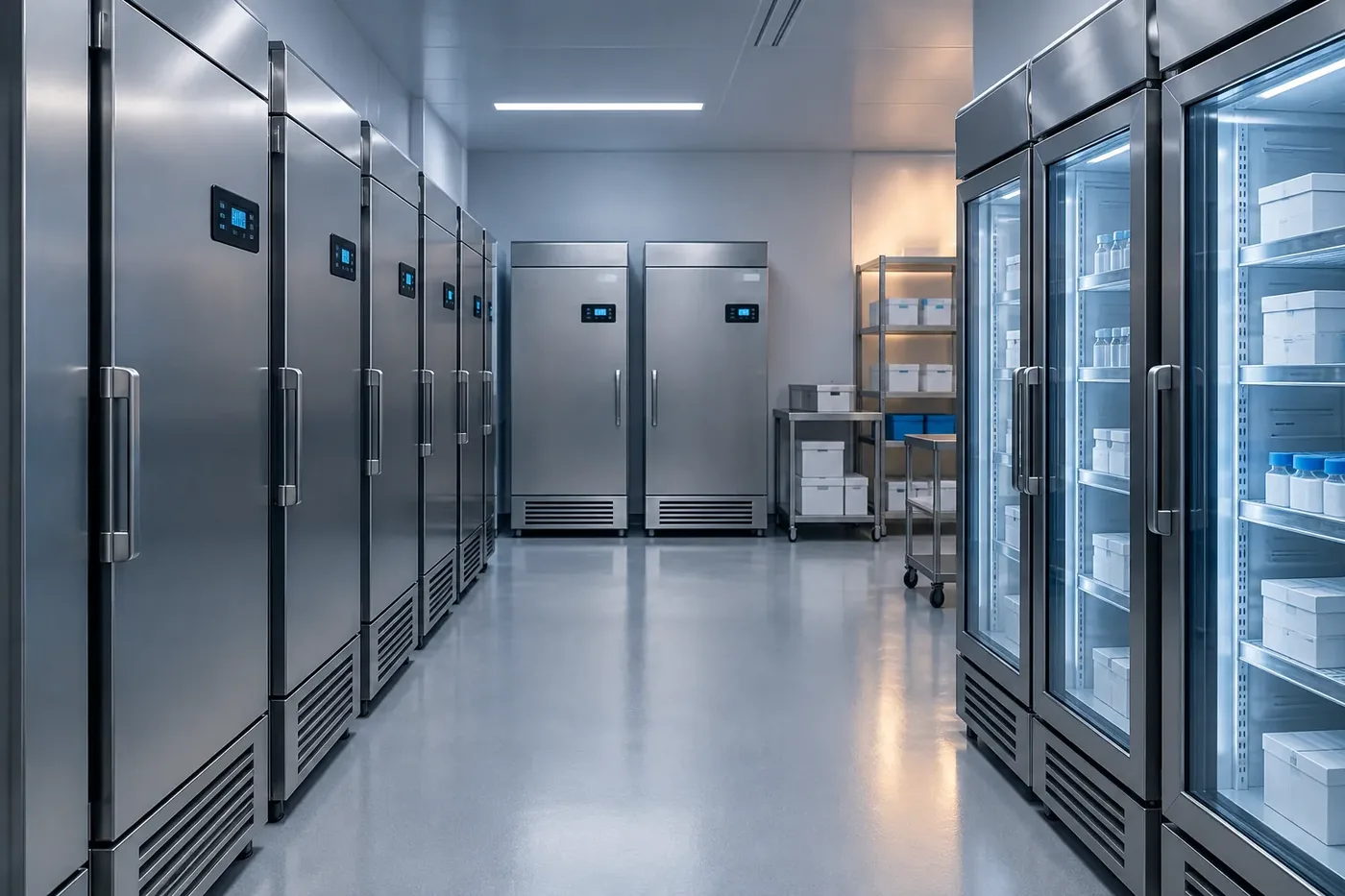 Illustration of labeled containers in a cold-chain storage unit