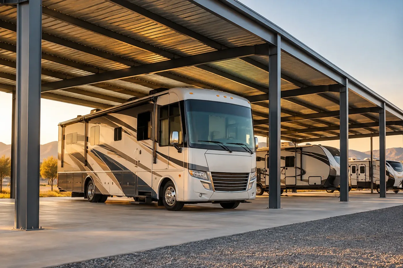 Illustration of a motorhome parked inside a covered storage bay