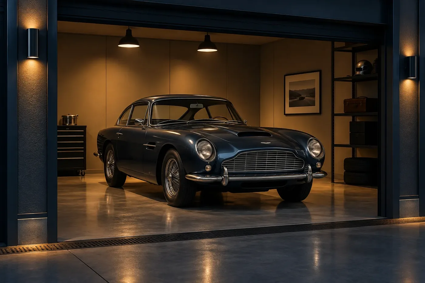 Illustration of a classic car parked inside an indoor storage garage
