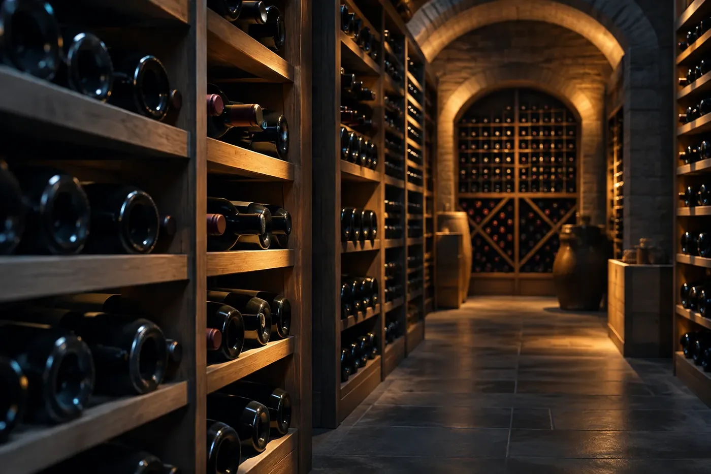 Wine bottles resting on wooden racks in a dim, climate-styled cellar illustration