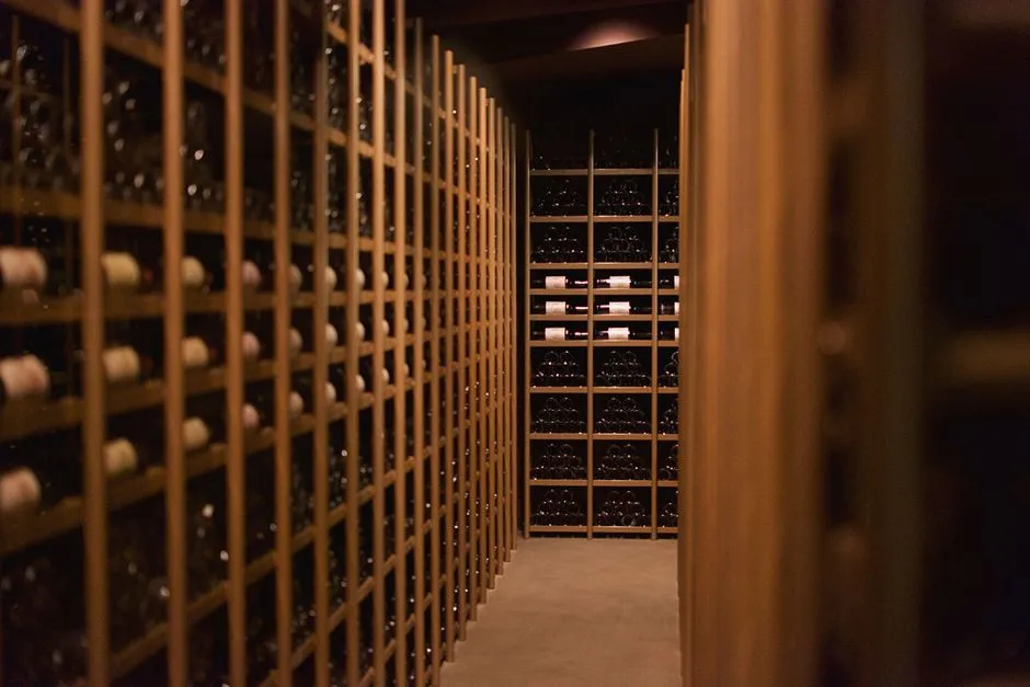 Wine bottles resting in a temperature-controlled cellar rack