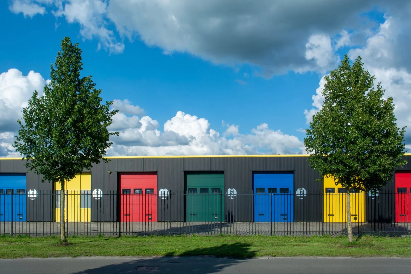 Rows of self-storage unit doors at a storage facility